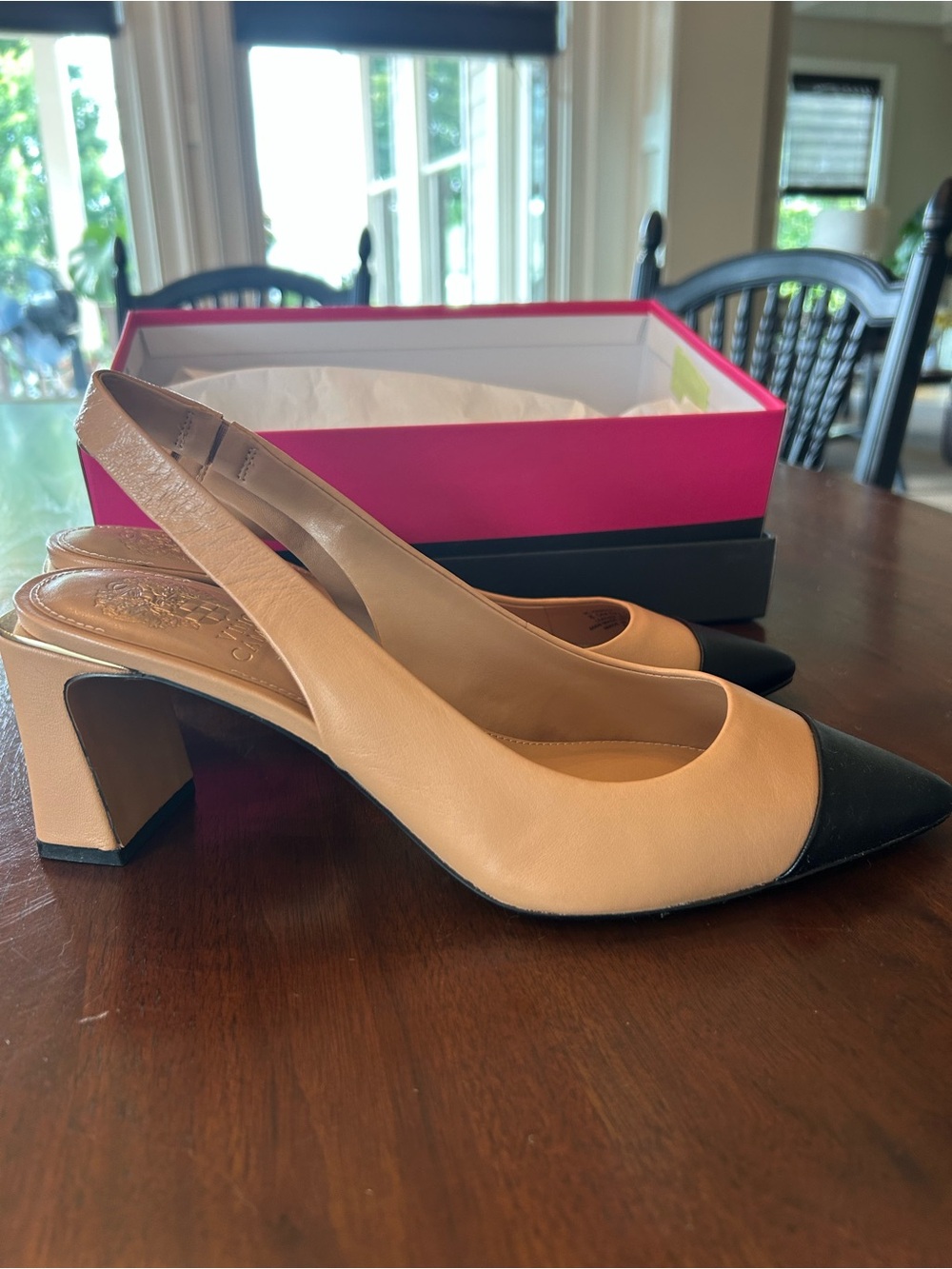 Vince Camuto Two-Tone, Captoe Slingback Pump - Beige and Black 8.5